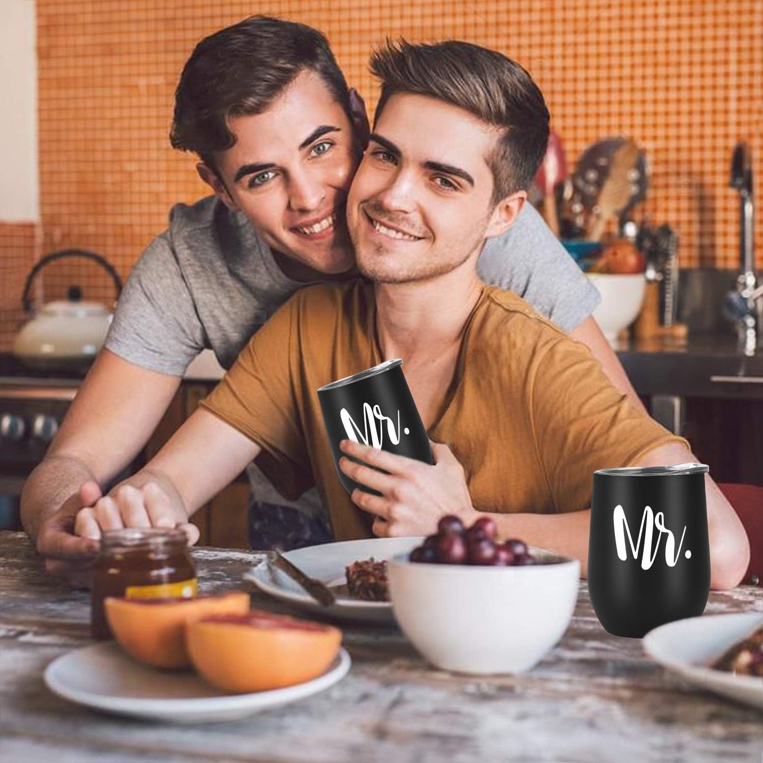 GINGPROUS 2 Pack Mr and Mr Wine Tumbler Set, Gay Couple Idea for Men, Engagement Wedding Anniversary House Warming LGBT Idea 12 Oz Insulated Stainless Steel Wine Tumbler with Lid, Black - Image 4