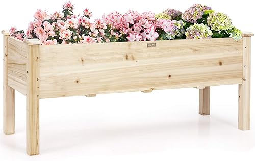 Miniatura 8 de Giantex Cama de jardín elevada con ruedas, maceta de madera con patas, forro, agujeros de drenaje, cama de jardín elevada para verduras, contenedor