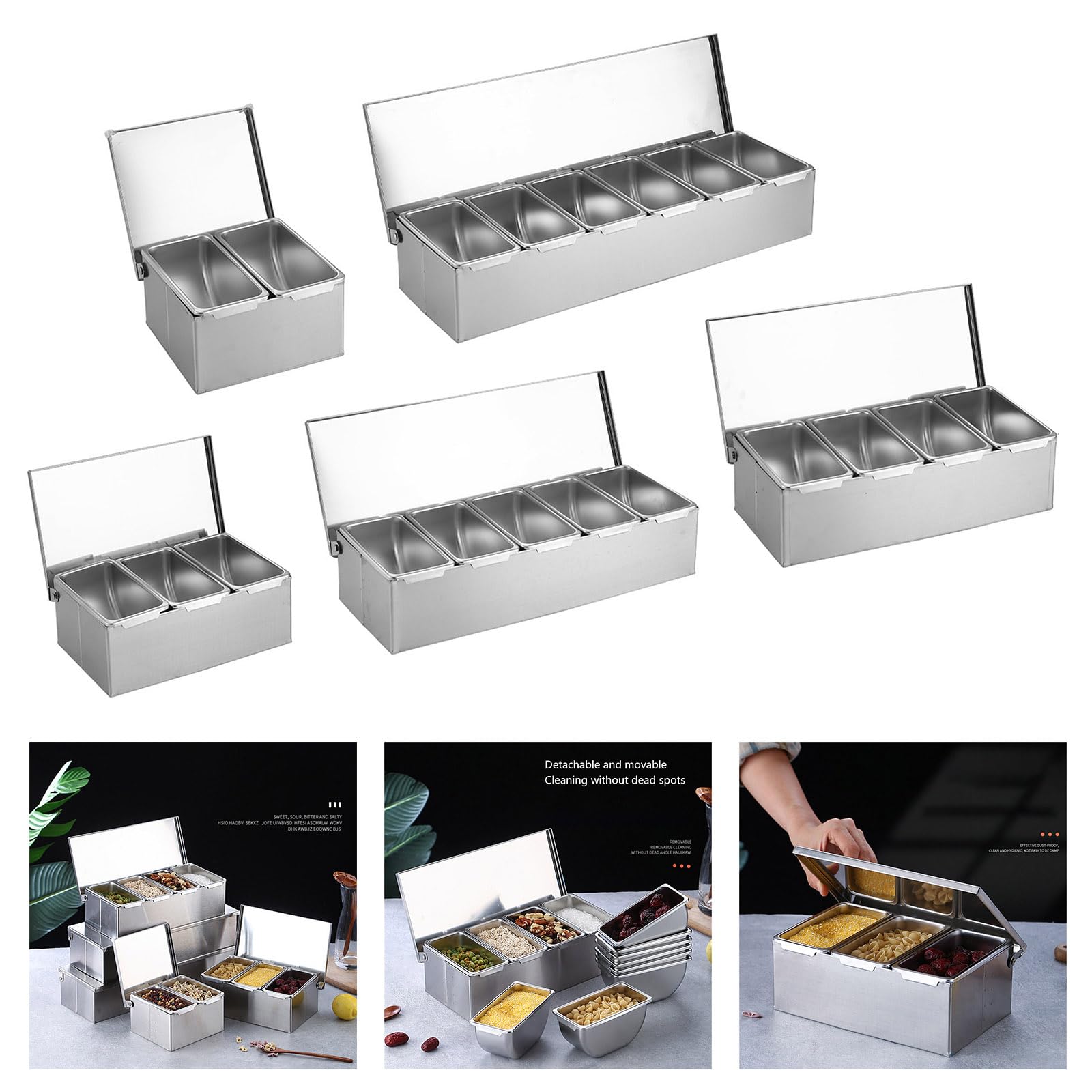 Práctica caja de almacenamiento de condimentos de acero inoxidable, multisección, esencial para cocinar organizada y preparaciones de comidas, dispensador de condimentos de grado alimenticio