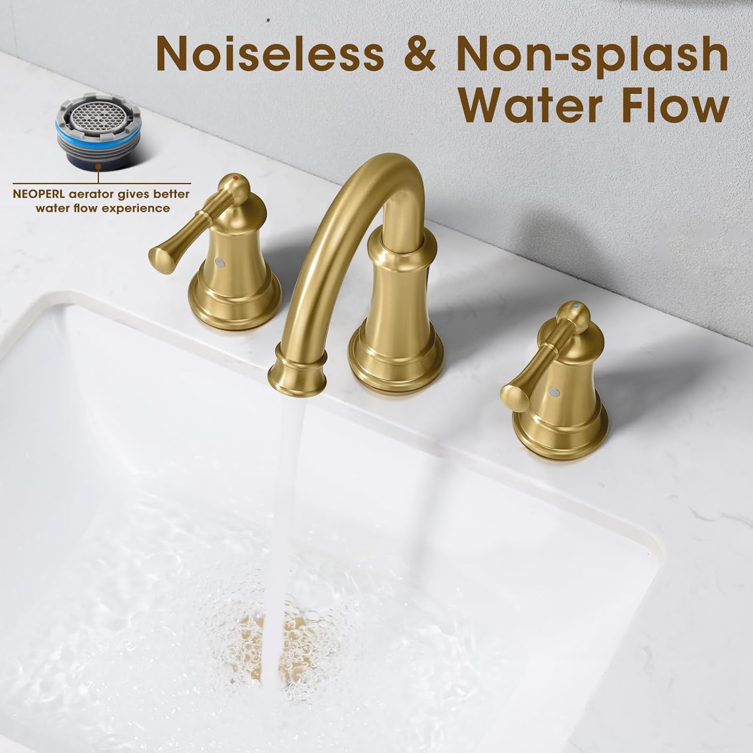 Brushed Gold Bathroom Faucet 8 Inch, Brass Bathroom Faucet, 3 Hole Gold Bathroom Faucet with Pop-Up Drain and 2 Supply Hoses for Vanity, Lavatory, RV Farmhouse (L2304-BG)