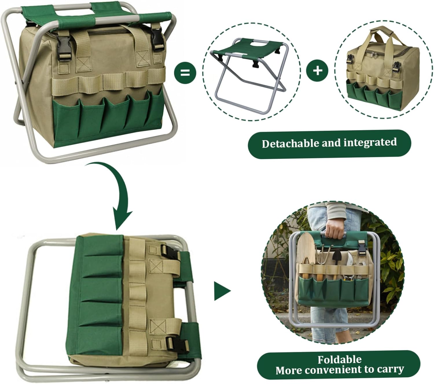 Garden Stool, Folding Garden Seat with Detachable Storage Bag, Multi-Pocket Gardening Bench, Portable Zipper Gardener Tool Seat for Adults, Gardening
