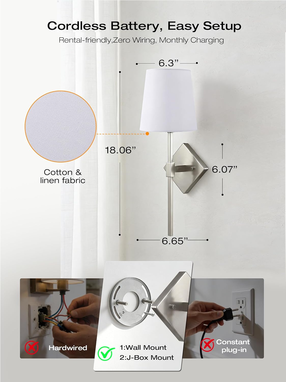 CLOUDY BAY 10000mAh Battery Operated Wall Sconces,Up to 100 Hours with Rechargeable RGB Dimmable Magnetic Bulb,Cordless Wall Lighting Fixtures with Remote for Bedroom,Brushed Nickel,2 Pack-18inch