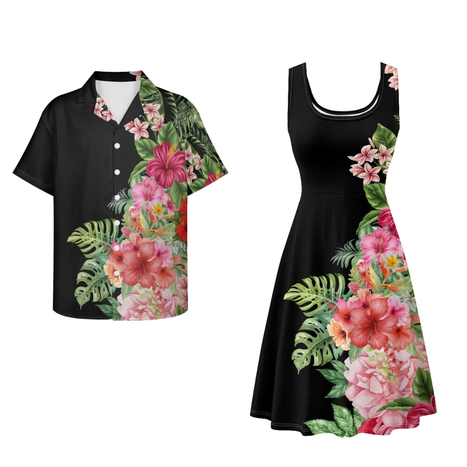 Dreaweet Summer Dresses for Women A-Line Sleeveless Flowy Sun Dresses,Men's Casual Button-Down Shirts,Couple Matching Outfits