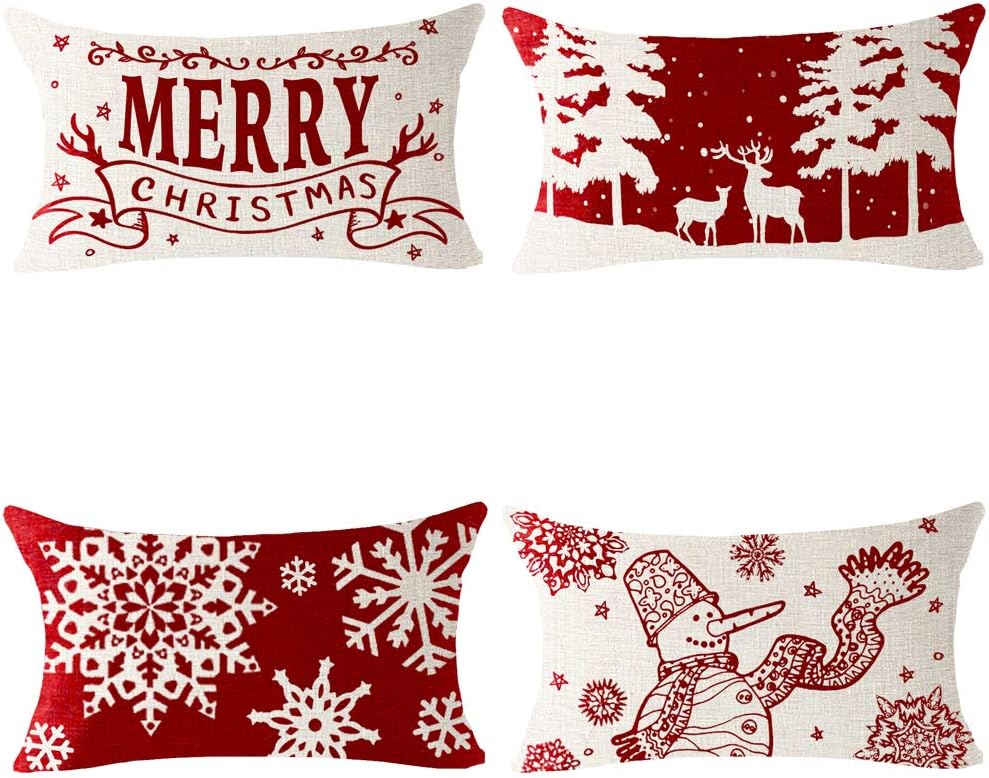 Set of 4 Plaid Merry Christmas Snowman Deer Pine Snowflake Blessing Gift Throw Pillow Cover Lumbar Cushion Case Cotton Linen Material Decorative 12X20 inches