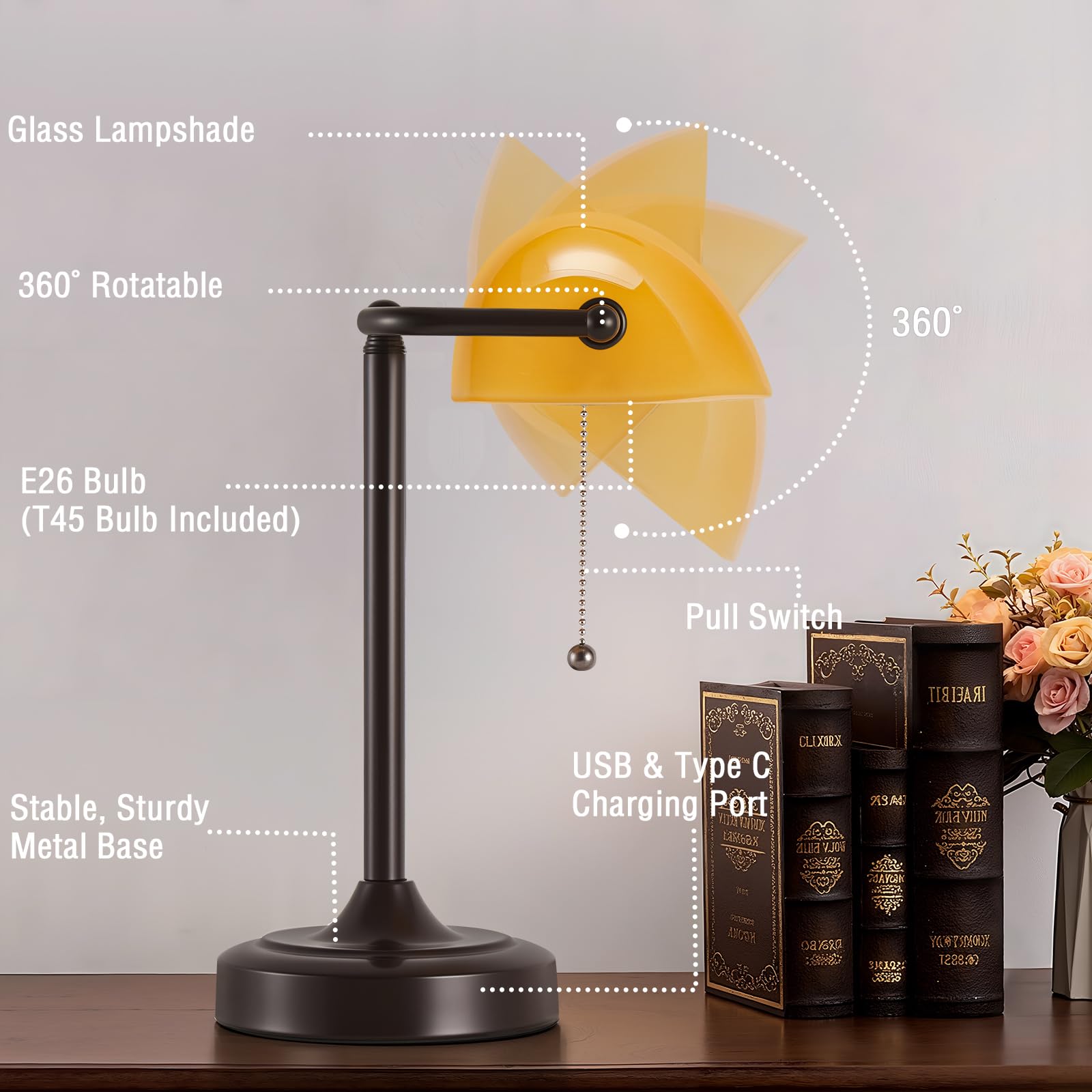 EJIAXIN Vintage Tischlampe für Banker - Retro Schreibtischlampe mit USB und Typ C Ladeanschlüssen mit Zugkettenschalter für Bibliothek, Tischlampe für Schreibtisch