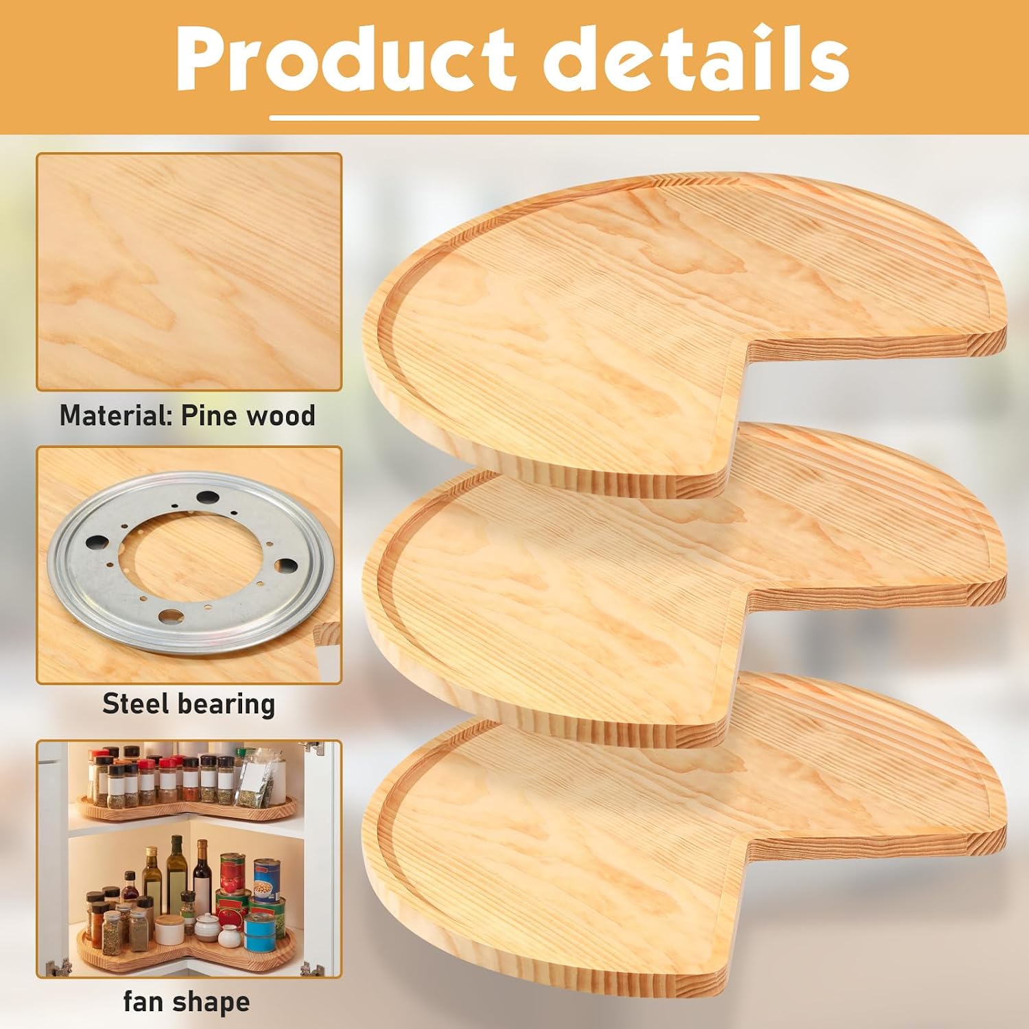 Leinuosen 3 Pcs 24 Inch Banded Pine Wood Full Kidney Shaped Lazy Susan for Corner Base Cabinets with Steel Swivel Bearing for Kitchen Turntables Pantry Spice Can Storage, Not Include Metal Rod