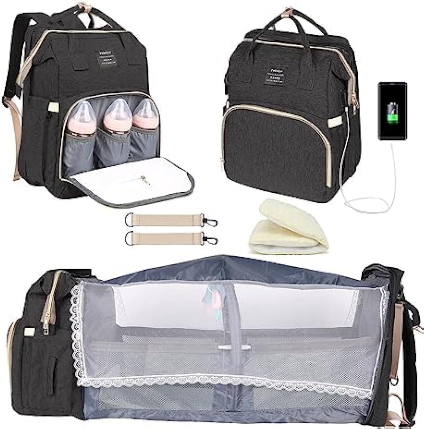 Multifunctional Diaper Bag Backpack with Foldable Crib, USB Charging Port, Stylish Design, Durable Build, Stroller Straps, Sunshade & Toy Bar Baby Bag Ideal for Busy Parents On-the-Go…