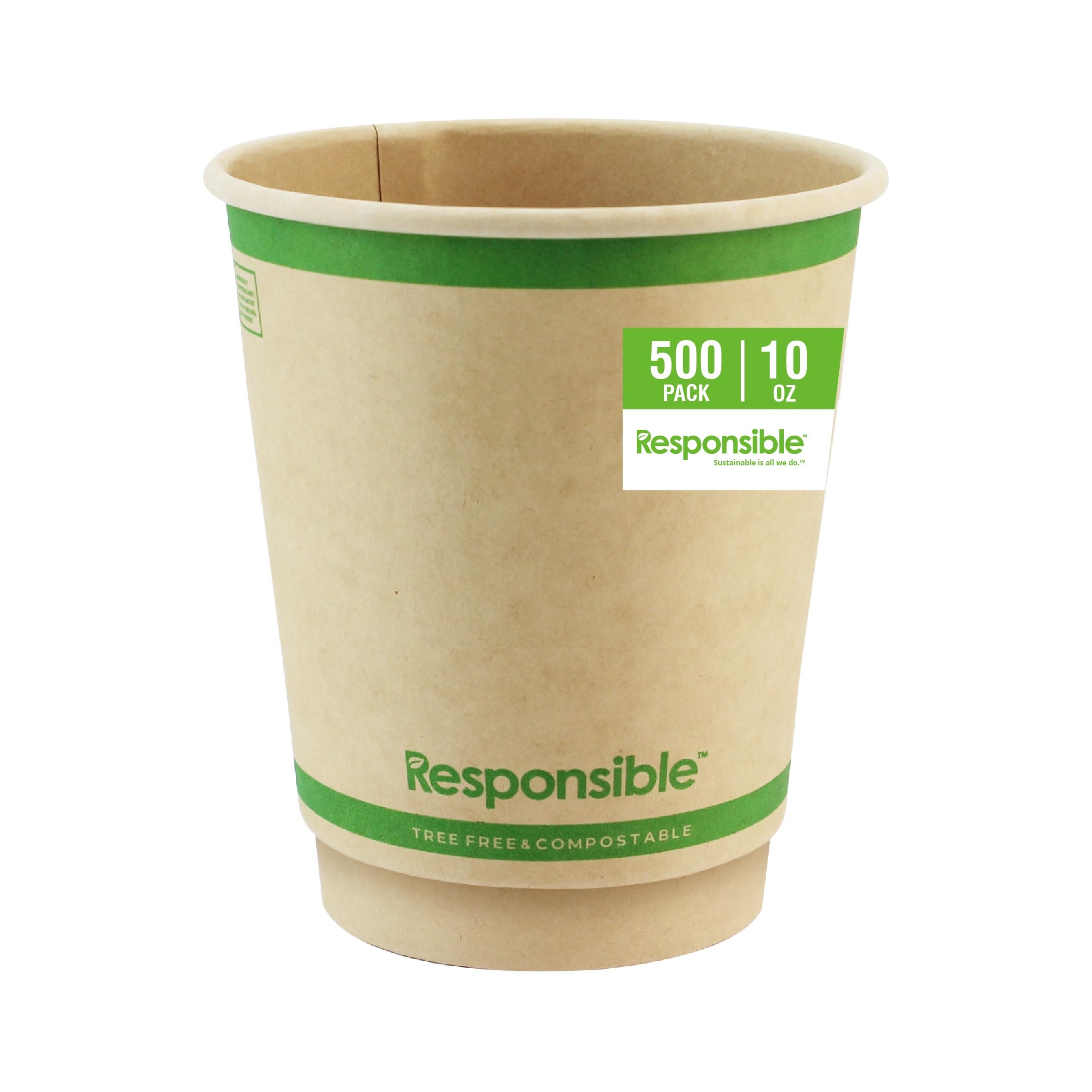 10 oz Double Wall Insulated Paper Coffee Cups (500 Count) by Responsible Products – Paper, Natural Brown, Pack of 500, Model RP-SDC10-500