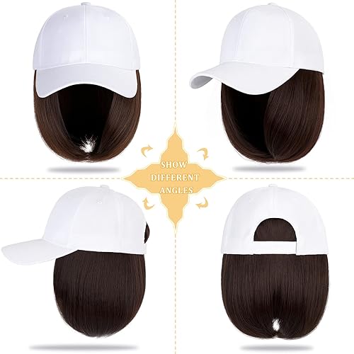 Miniatura 2 de Lansigreen Gorra de béisbol con extensiones de cabello, peluca ajustable, gorra corta y recta de 14 pulgadas, peluca sintética para mujer, marrón