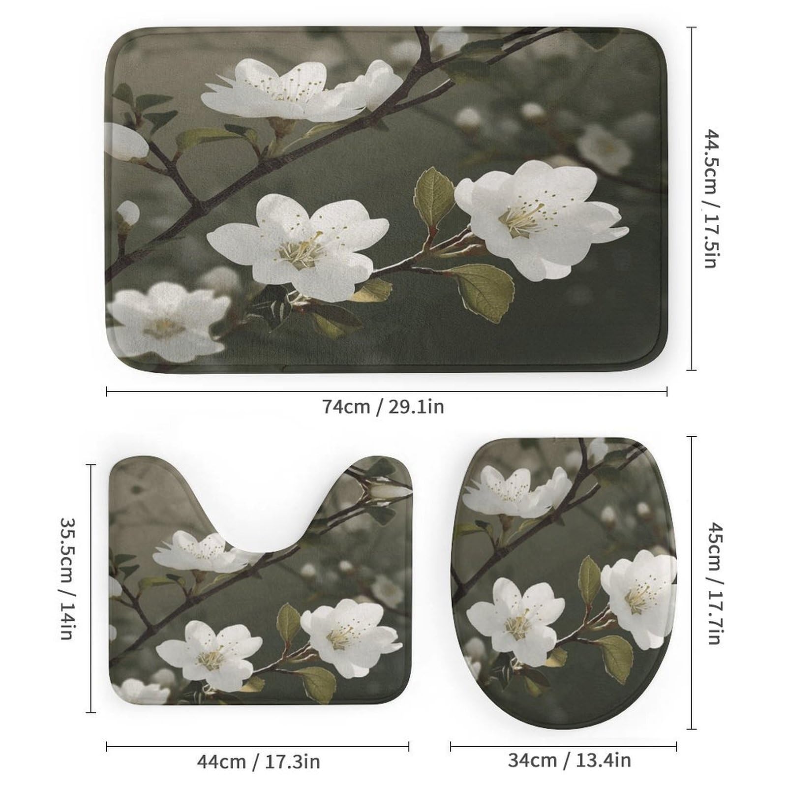 Ensemble de salle de bain 4 pièces avec rideau de douche et tapis Motif fleurs blanches