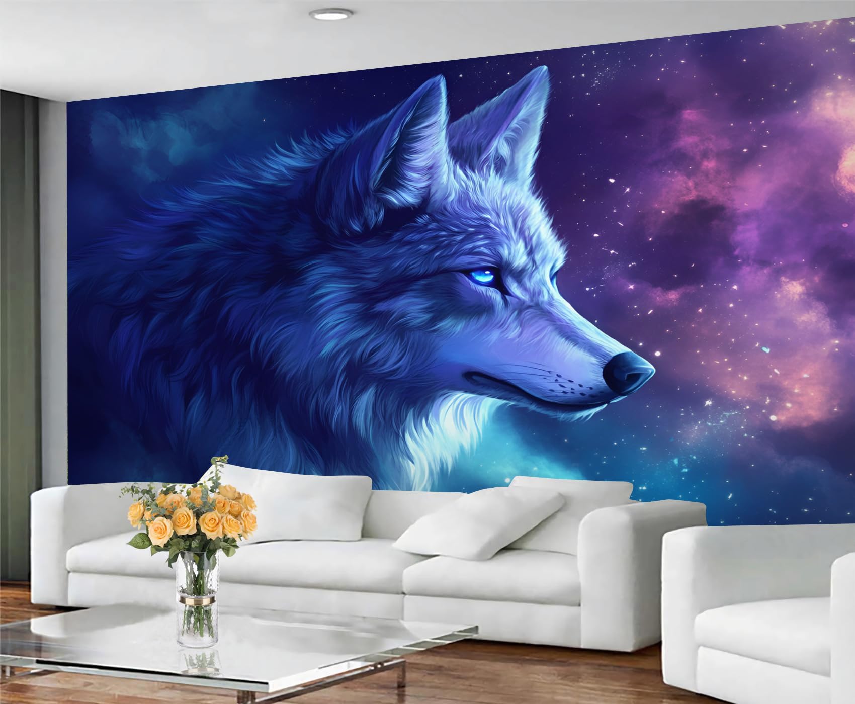Fantasy Wolf Wallpaper, Galaxy Wolf Peel and Stick Wallpaper for Bedroom, Blue Animals Wall Paper for Living Room, Wild Animals Wall Mural, Abstract Wildlife Large Mural & Room Decor