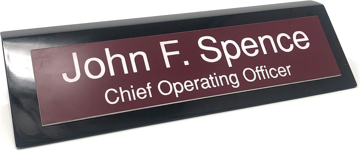 Personalized Black Piano Finish Business Desk Name Plate (Maroon)