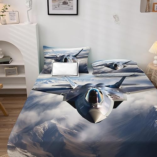 Miniatura 2 de Fighter Jet - Juego de sábanas de tamaño Queen, sábanas y fundas de almohada con patrón militar, bolsillo profundo de 16 pulgadas, juego de sábanas