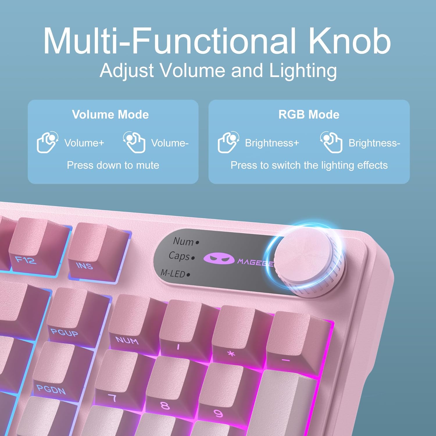 MageGee GK960 Wireless Gaming Keyboard, RGB Tri-Mode Wired/BT/2.4G Creamy Keyboard with Number Pad, 4000mAh Battery, Knob Control, Side Printed Keycaps, 19-Key Anti-Ghosting for Win/Mac (Pink & White)