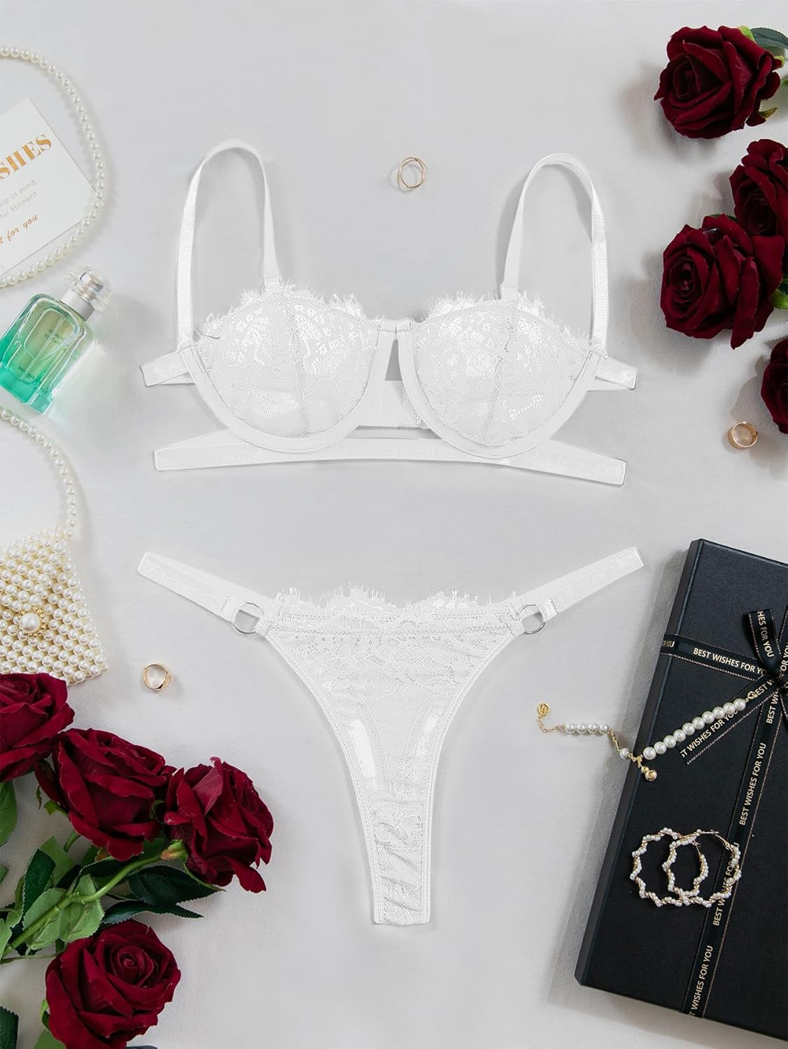 Lilosy Sexy Eyelash Underwire Floral Lace Sheer O Ring Linked Cutout Lingerie Set - Image 4