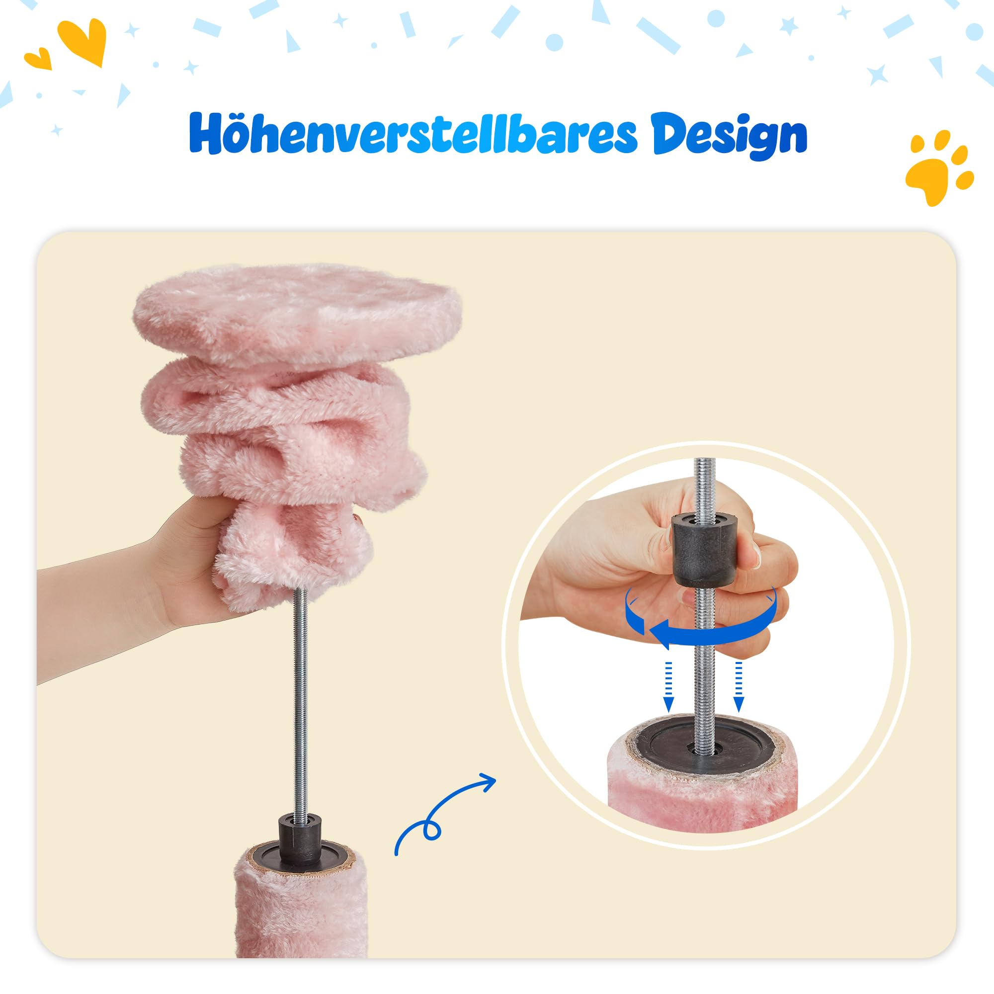 Árbol rascador para gatos rosa con altura ajustable de 235 – 258 cm, 7 pisos, escalador y casa de juegos con columna rascadora, cómoda cesta para dormir y hamacas para gatos de apartamento