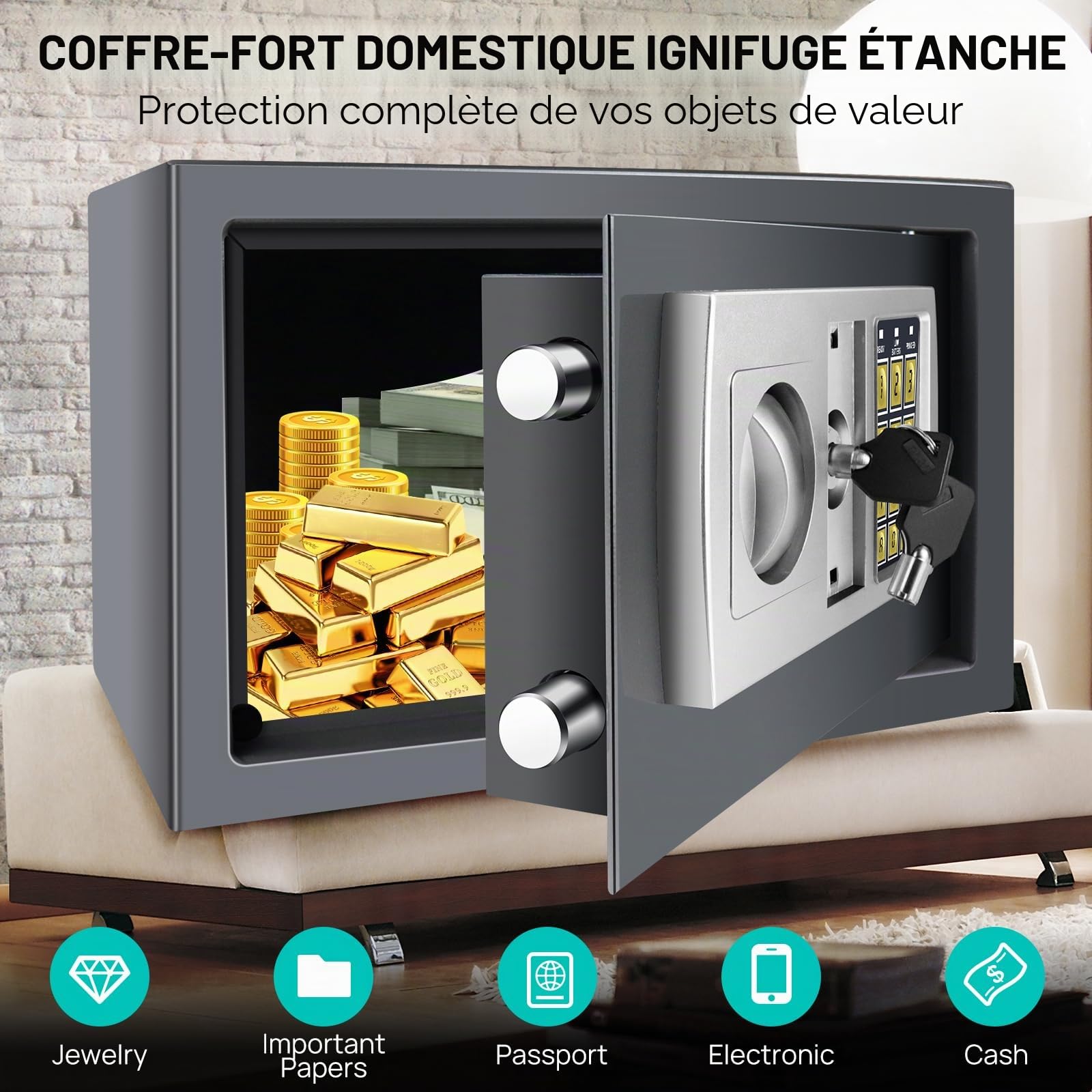 Coffre-fort ignifuge étanche Coffre-fort meuble avec serrure à combinaison et 2 clés Coffre-fort en acier fer Coffre-fort mural à encastrer pour maison, bureau, école, hôtel 31x20x20cm 8,5L Gris