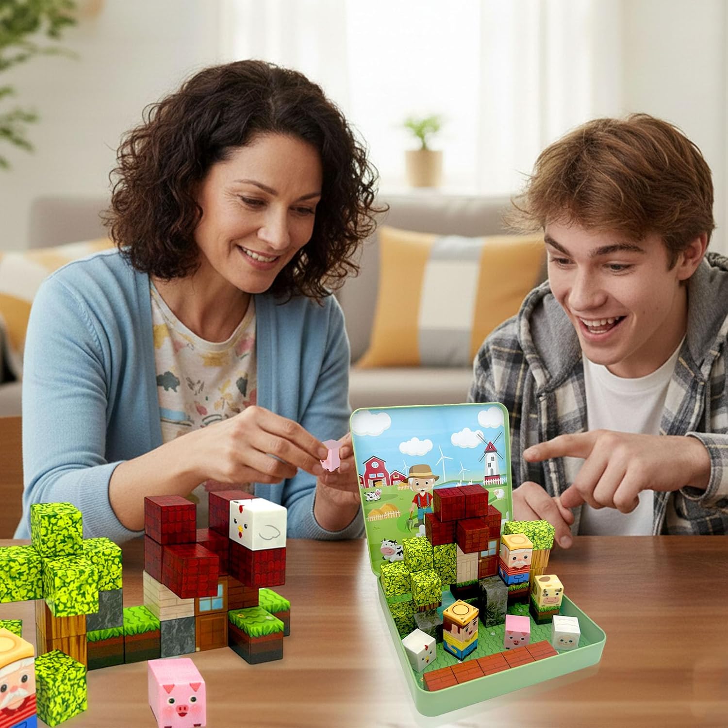 Magnetic Building Blocks Set, 49pcs Farm Magnetic Blocks, Portable Travel Magnetic Cubes with Iron Box, Stacking Cube Games, Decoretion for Home Office
