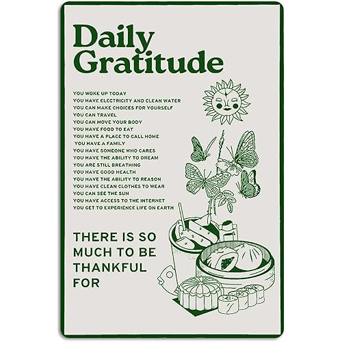 Fmcmly Daily Gratitude Inspirational Metal Tin Sign Green Boho Room Aesthetic Decoration Home Kitchen Office Bedroom Cafes Wall Decor 8x12 Inch