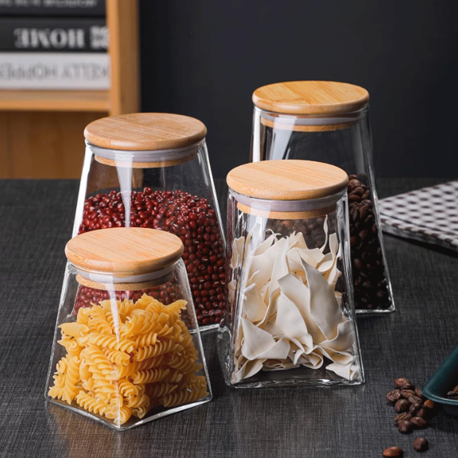 esmen Teedose 4 Stück transparente Glasgläser, Teegläser, versiegelte Kanister mit Bambusdeckel, Einmachglas, transparente Behälter, Frischhaltedosen Vorratsdosen