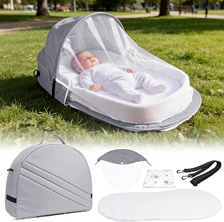 Verdego Reisebett Baby 34x84x10cm, Baby Reisebett 2 in 1 Klappbarer, Kinderreisebett mit Moskitonetze, Matratzen, Wickeltuch, Portable, Atmungsaktives, Travel Krippe für Reisen & Zuhause(Hellgrau)