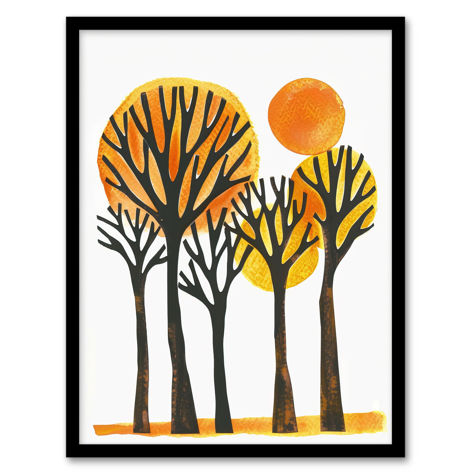 Artery8 Sun Over Autumn Trees Bright Abstract Watercolour Living Room Artwork Framed Wall Art Print A4
