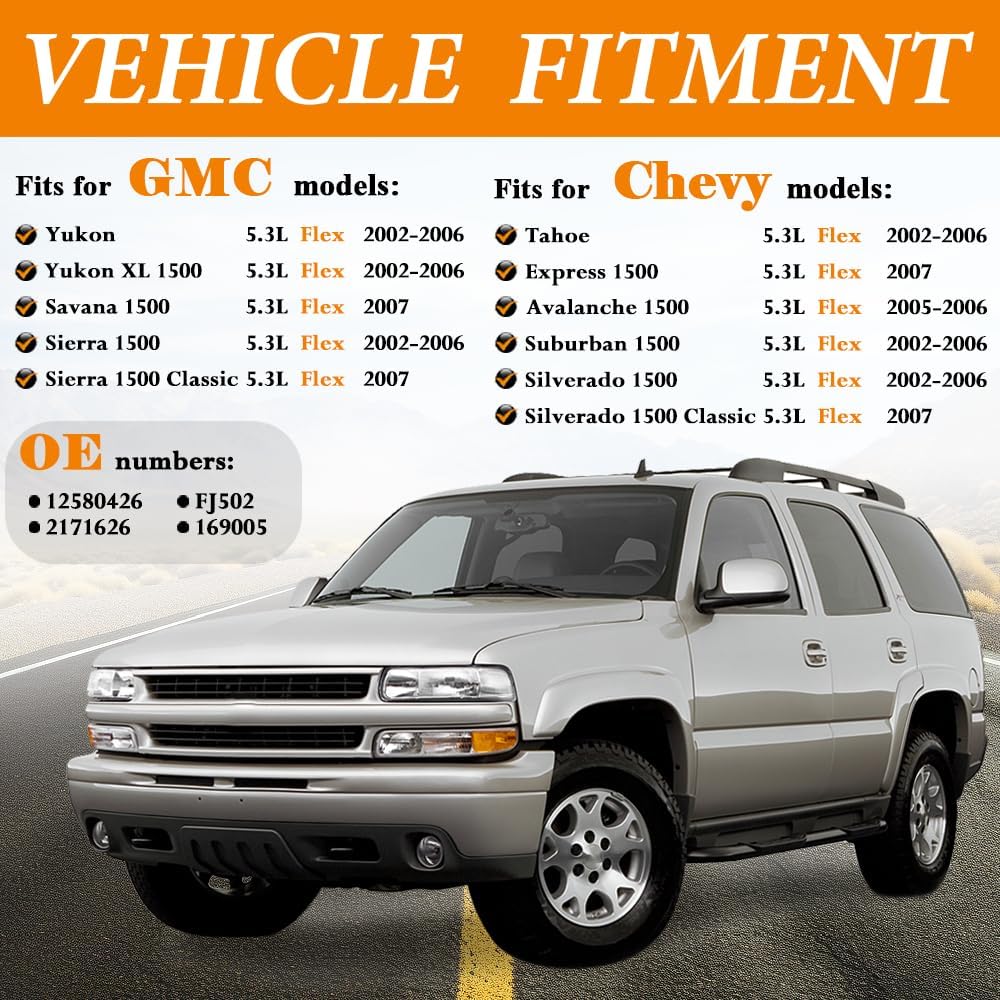 Upgraded 4 Holes 12580426 FLEX Fuel Injectors Fit For Chevy: Tahoe Suburban Avalanche Express Silverado 1500，For GMC: Yukon (& XL) Savana Sierra 1500, 2002-2007,5.3L，OEM # 12580426 (8 Pcs)