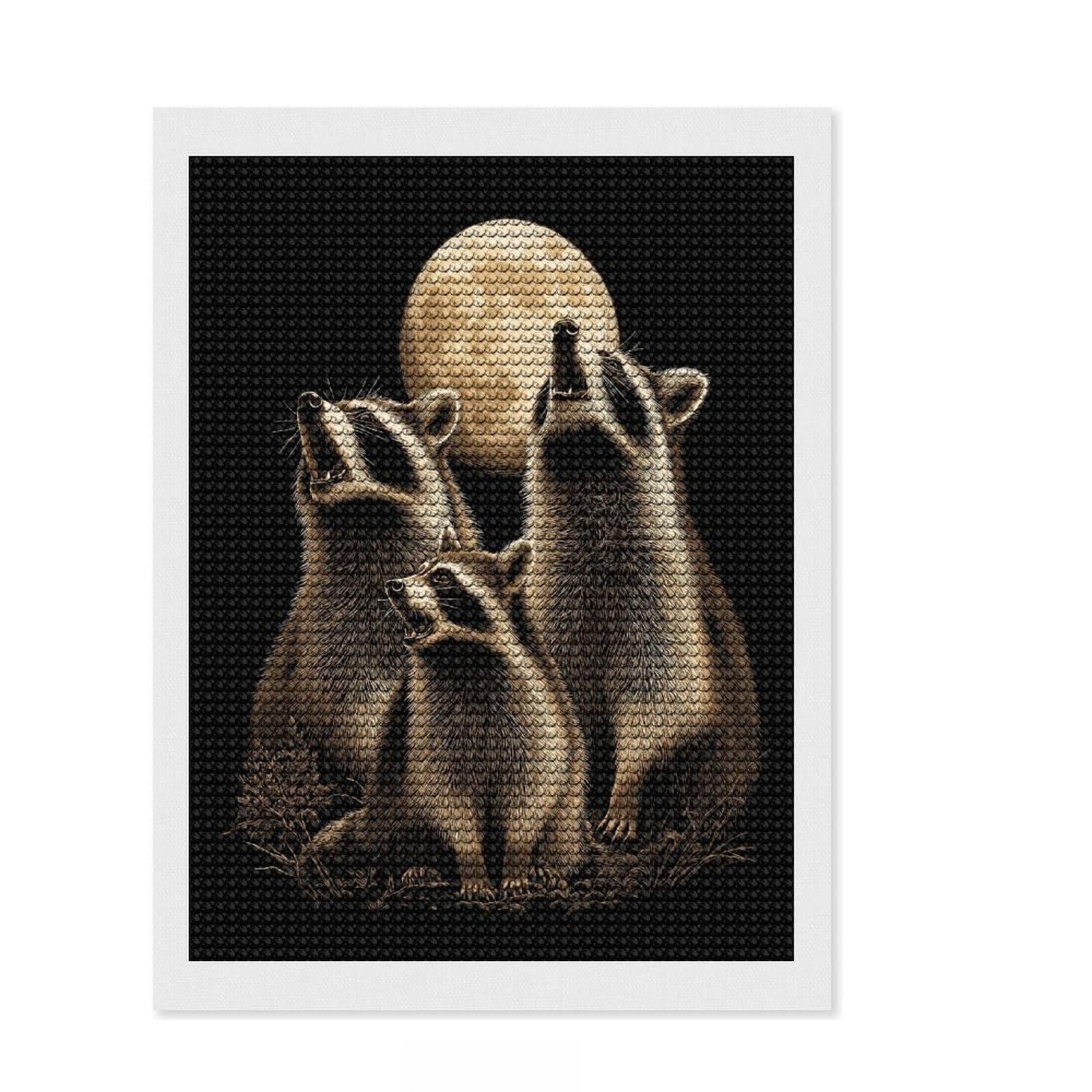 Junmoney Raccoons Under Moonlight DIY Diamond Art Canvas Kit 12"x16", Fun Craft Experience, Good for Quiet Evenings, Cosy Home Accent, Gift Idea