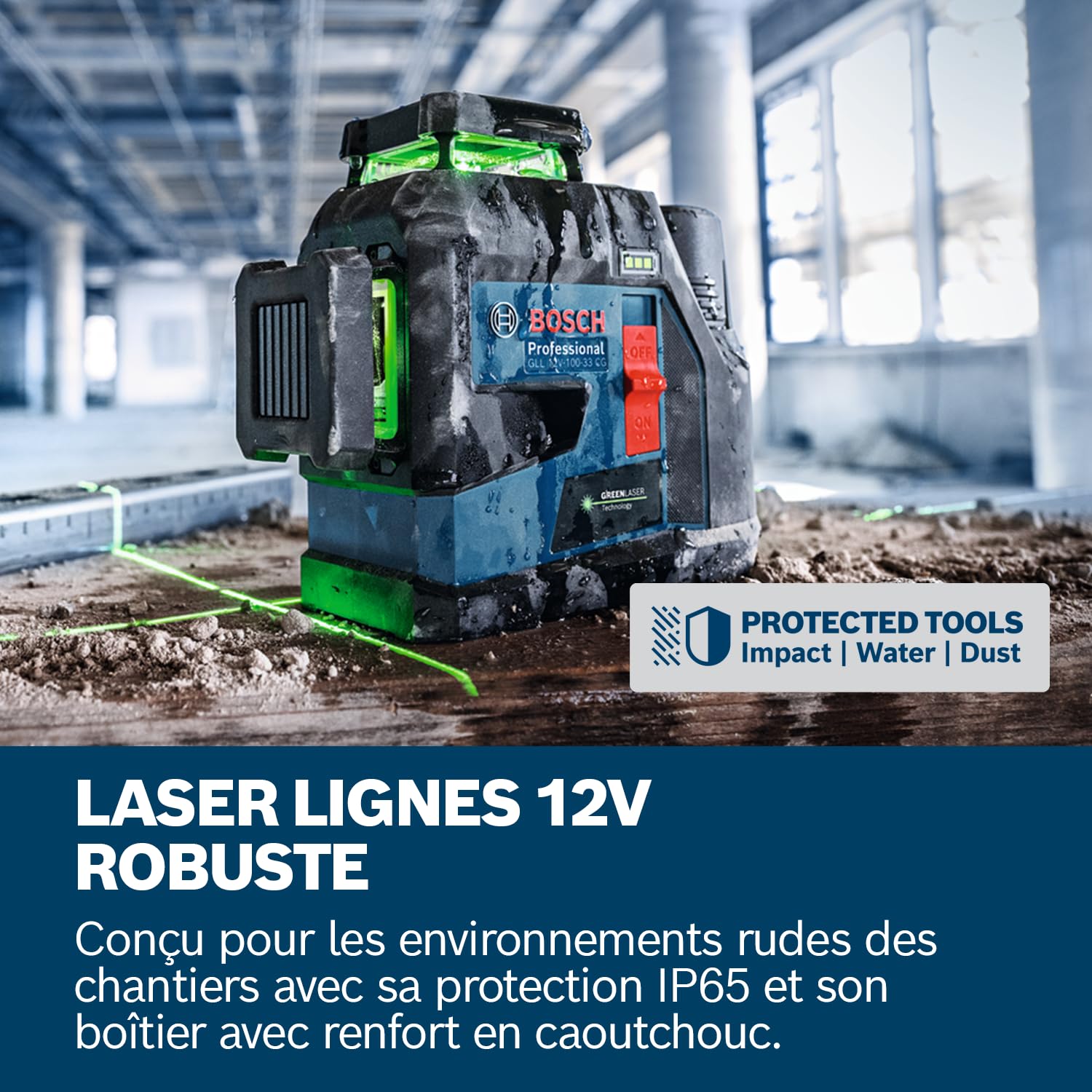 Bosch Professional laser lignes GLL 12V-100-33 CG (3 lignes laser vertes sur 360°, portée de 100 m (rayon), IP 65, Levelling Remote, LB 10, DK 20, GBA 12V 2.0Ah, GAL 12V-40, housse, L-BOXX)