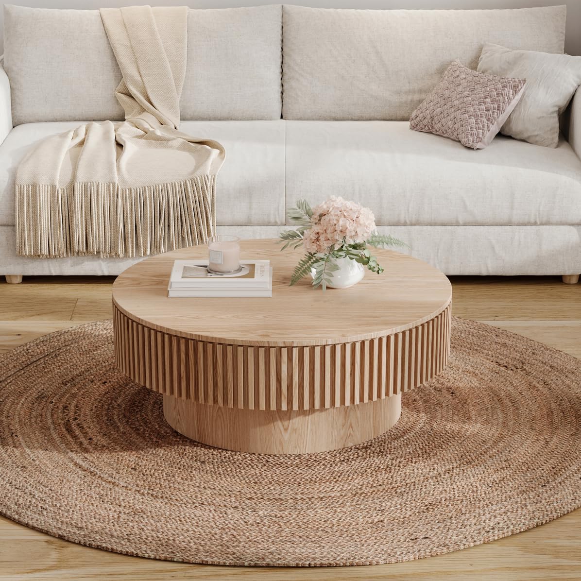 Tavolino rotondo, 75 cm di profondità x 75 cm di larghezza x 35 cm di altezza | Tavolino da salotto moderno, tavolino da salotto e vano portaoggetti, tavolino da divano impiallacciato in legno massello