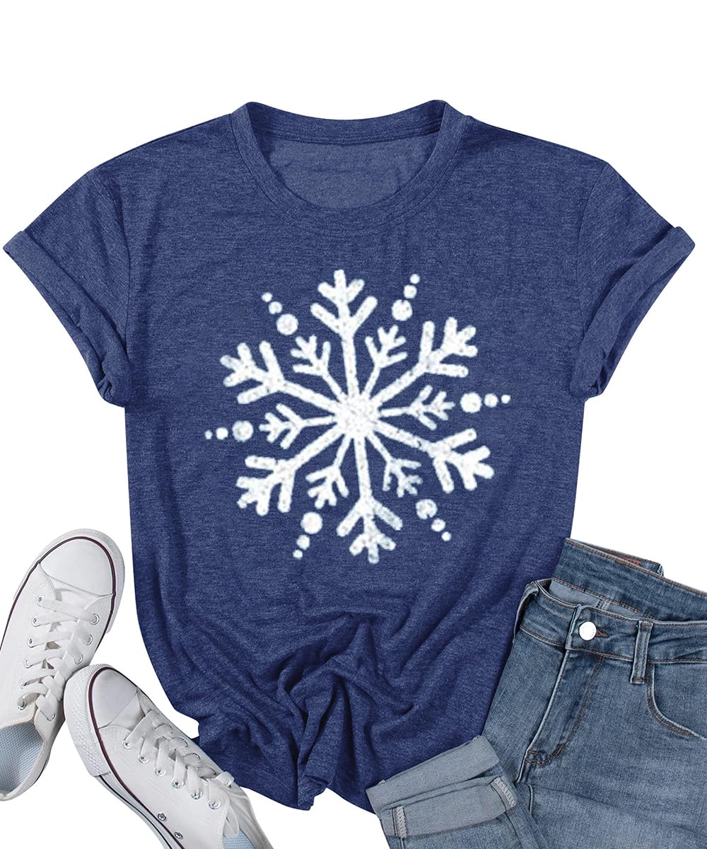 Christmas Shirts for Women Cute Snowflake Graphic Shirts Short Sleeve Funny Print Tee