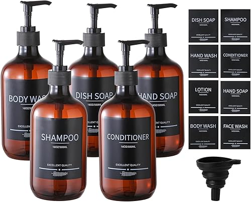 Paquete de 5 botellas de ducha ámbar recargables con etiquetas, botellas reutilizables de champú y acondicionador de 16.9 onzas, botellas