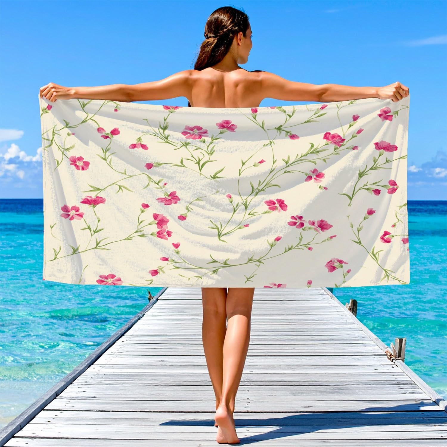 Sanft, Romantisch, Filigran, Botanisch Strandtuch 230 x 210 cm – Mikrofaser Strandtuch Reisehandtuch Schnelltrocknend Pflegeleicht für Campen, Picknick, Ausflüge