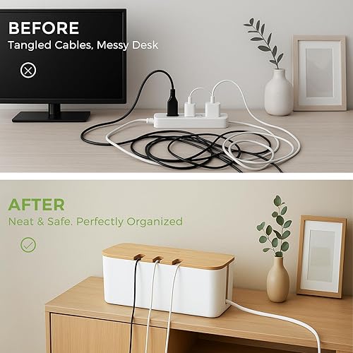 Miniatura 5 de Caja de organización de cables, caja organizadora de cables con tapa de bambú, organización de cables debajo del escritorio con 10 bridas y 2