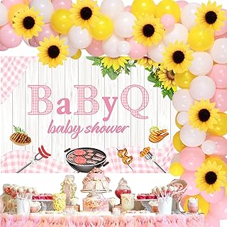 BBQ Baby Shower Decorations for Girls, Baby Q Party Decorations with Pink Baby Shower Balloon Garland Kit Backdrop Simulation Sunflower for Girl Baby Shower Birthday Party