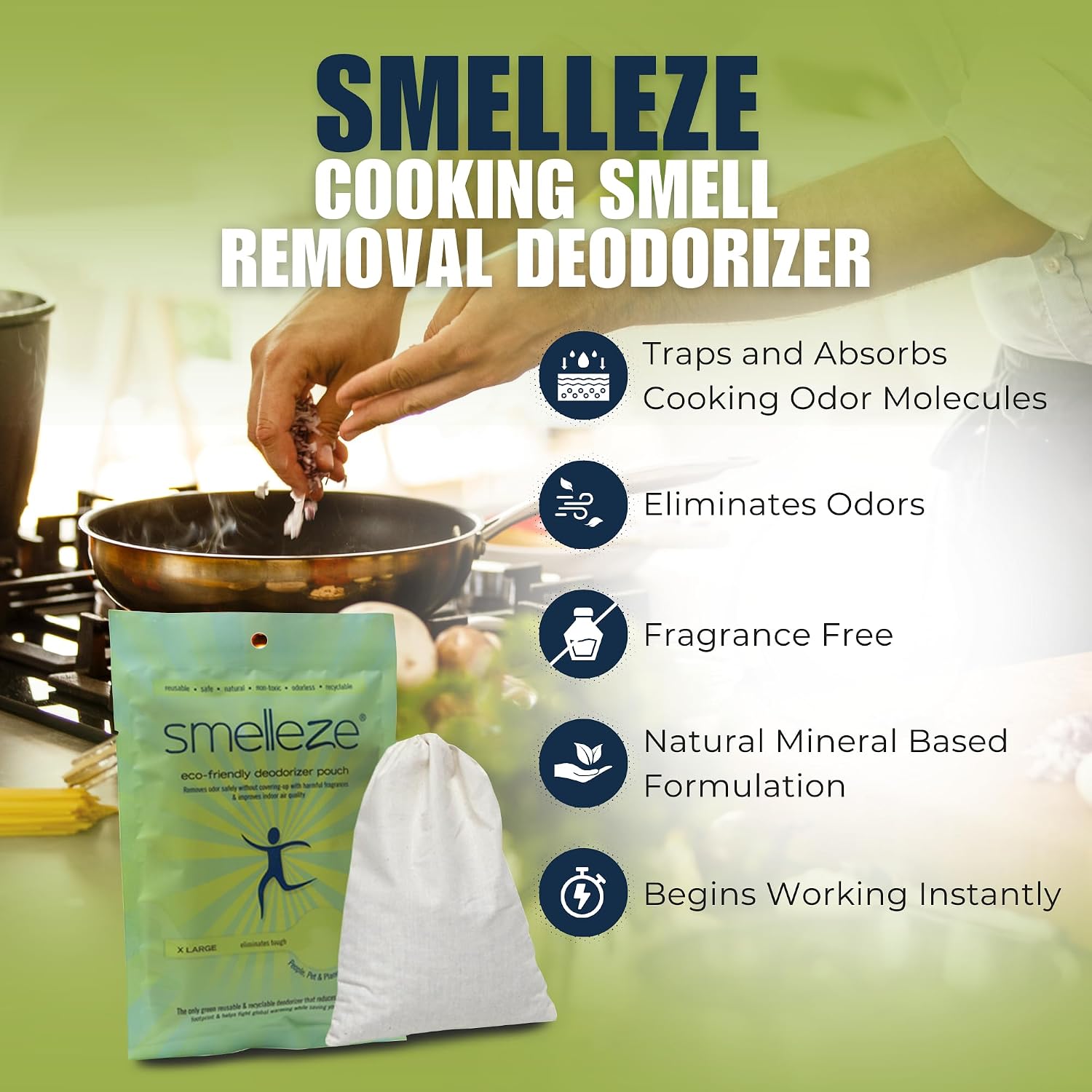 SMELLEZE Reusable Cooking Smell Removal Deodorizer Pouch: Get Food Odor Out Without Fragrances in 150 Sq. Ft.