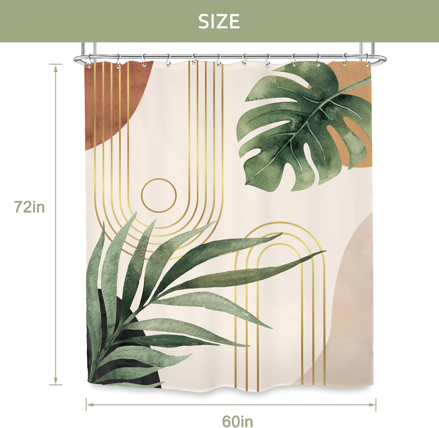 Glawry Boho Sage Green Shower Curtain 60Wx72L Inches, Abstract Bohemian Mid Century Bathroom Curtains, Plant Botanical Palm Leaf Cute Decor Fabric Shower Curtain Set Bathroom Rugs Waterproof 12 Hooks - Image 5