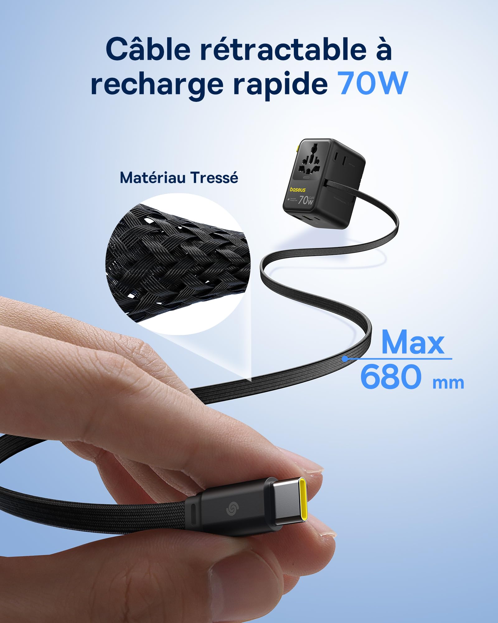 Baseus Enercore Adaptateur Prise Universelle 70W avec Câble Rétractable, Chargeur de Voyage International avec 2 Prises AC + 2USB-A + 1USB-C, Compatible avec Les USA, UK, Chine, Japon, Thaïland