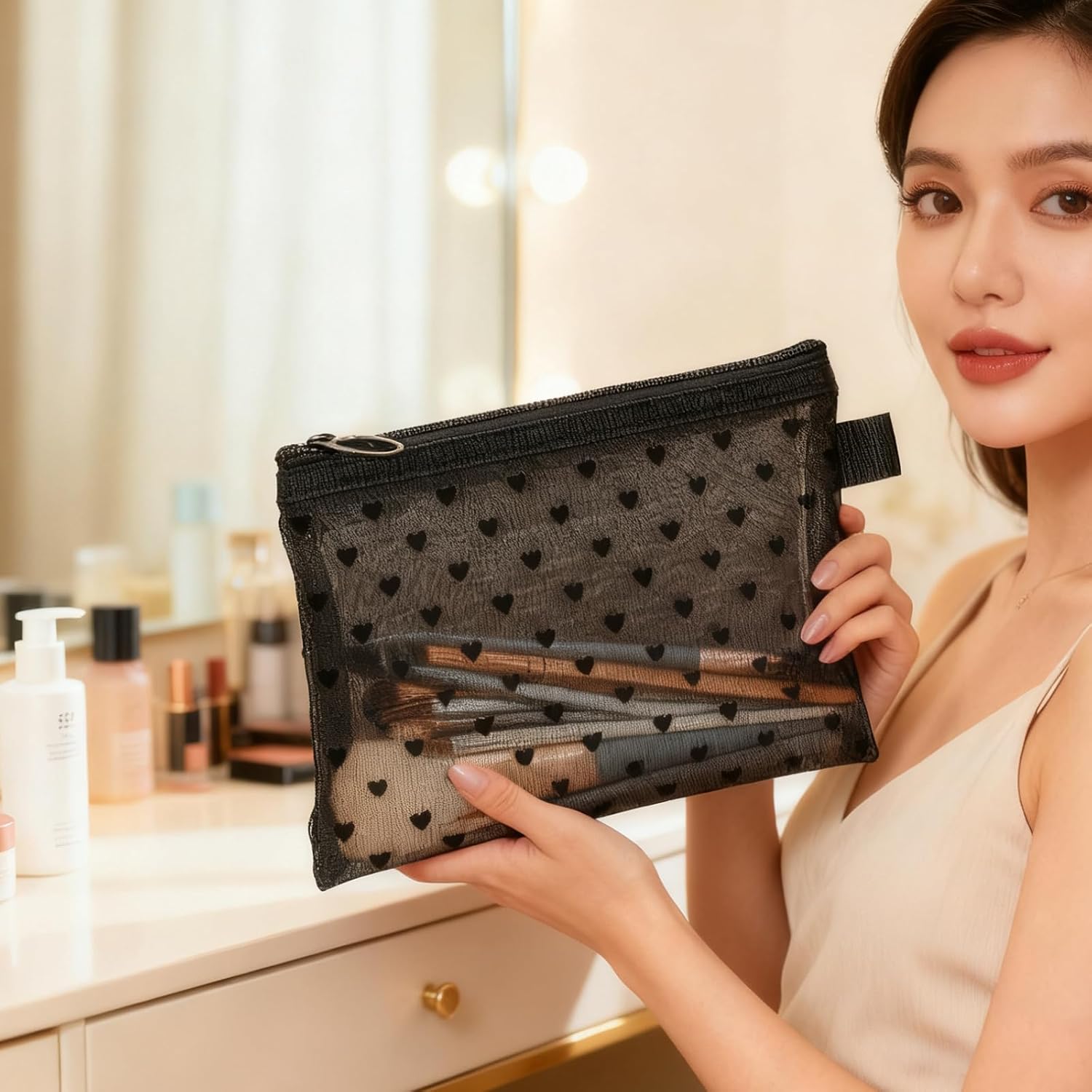 6-Piece Heart Printed Mesh Makeup Bag Set - Small Pouches for Purse, Mesh Pouch, Pouches, Pouch for Purse, Black Makeup Bag(Black)