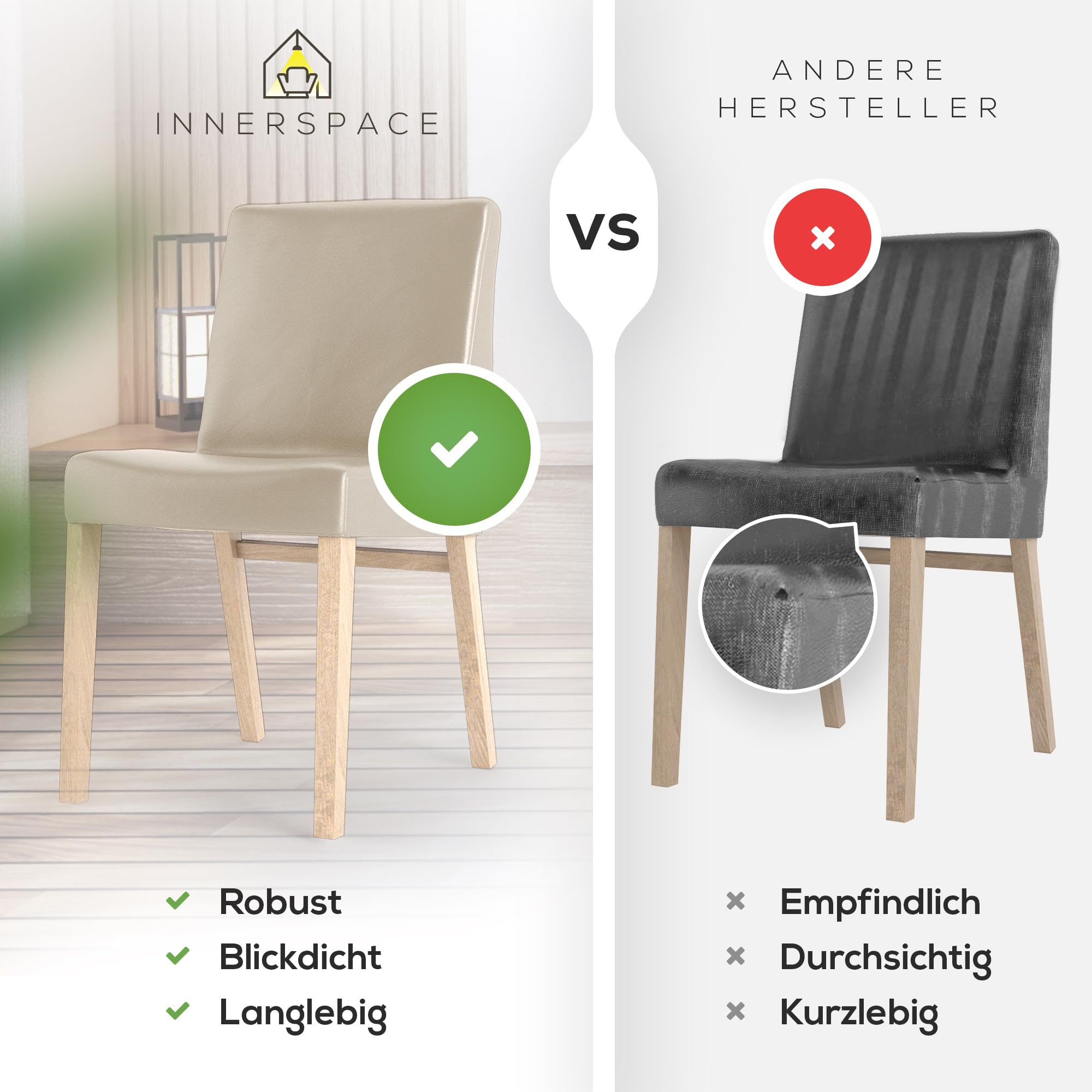 Innerspace Stuhlhussen 4er Set in Beige | Blickdichte, Wasserabweisende, Elastische Stuhlbezüge für Kinder & Haustiere | Stuhl Überzüge für Schwingstühle/Freischwinger – Jetzt Set wählen!
