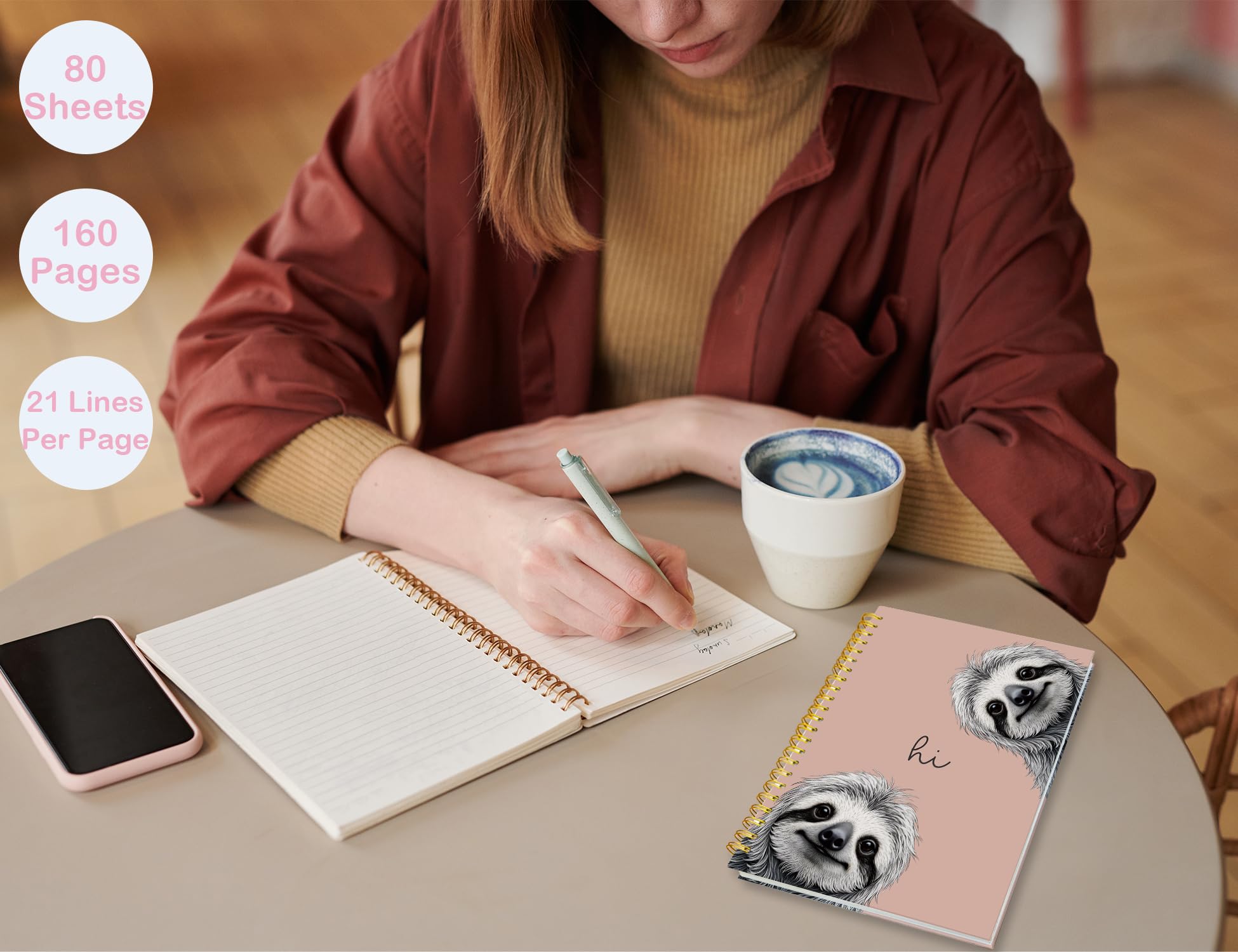 Diario con bradipo, diario rosa con simpatici animali, per scuola, donne, adolescenti, ragazze, bambini, regali per gli amanti del bradipo, quaderni a spirale con copertina rigida per