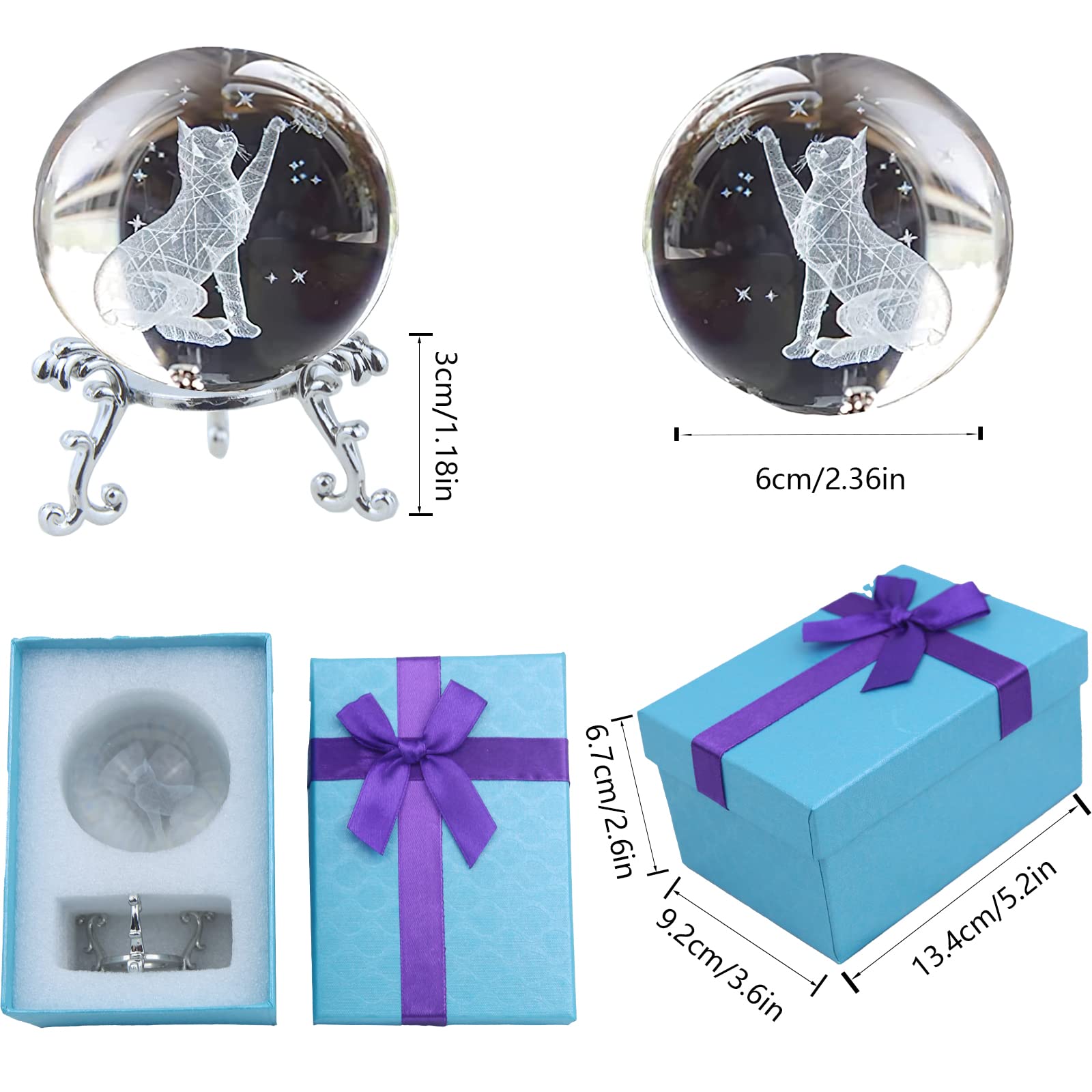 FAICOIA Cat Crystal Ball with Stand Christmas 3D Crystal Ball Figurine Glass Laser Engraved Decorative Art Crystal Sphere Glass Ball Paperweight Gifts for Cat Lovers Women 2.5in