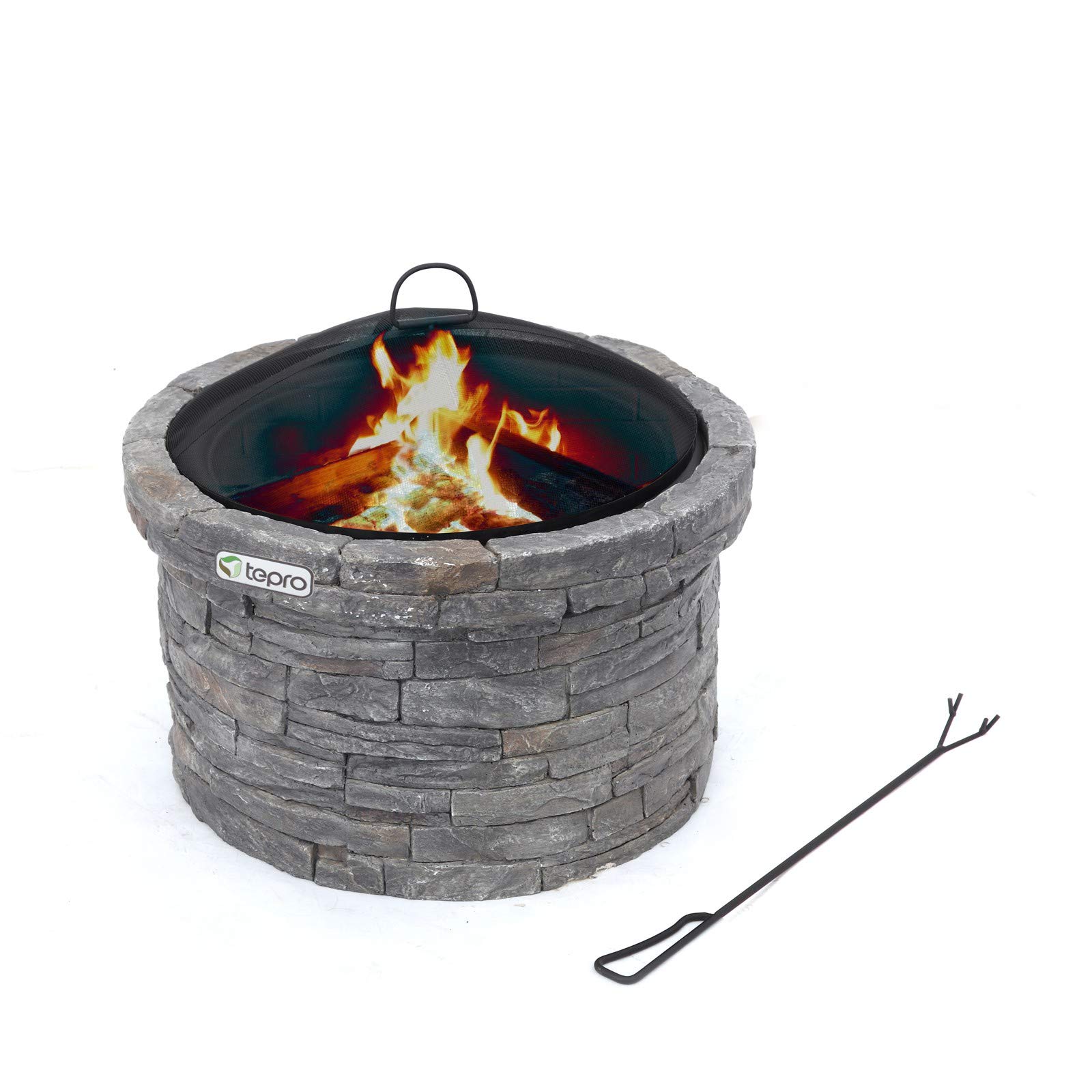 tepro Feuerstelle Gladstone Ø 67,5 cm – Outdoor Feuerstelle in eleganter Steinoptik mit Funkenschutz, Feuerrost & Schürhaken – dekorative Garten-Feuerschale mit feuerfester Stahlwanne
