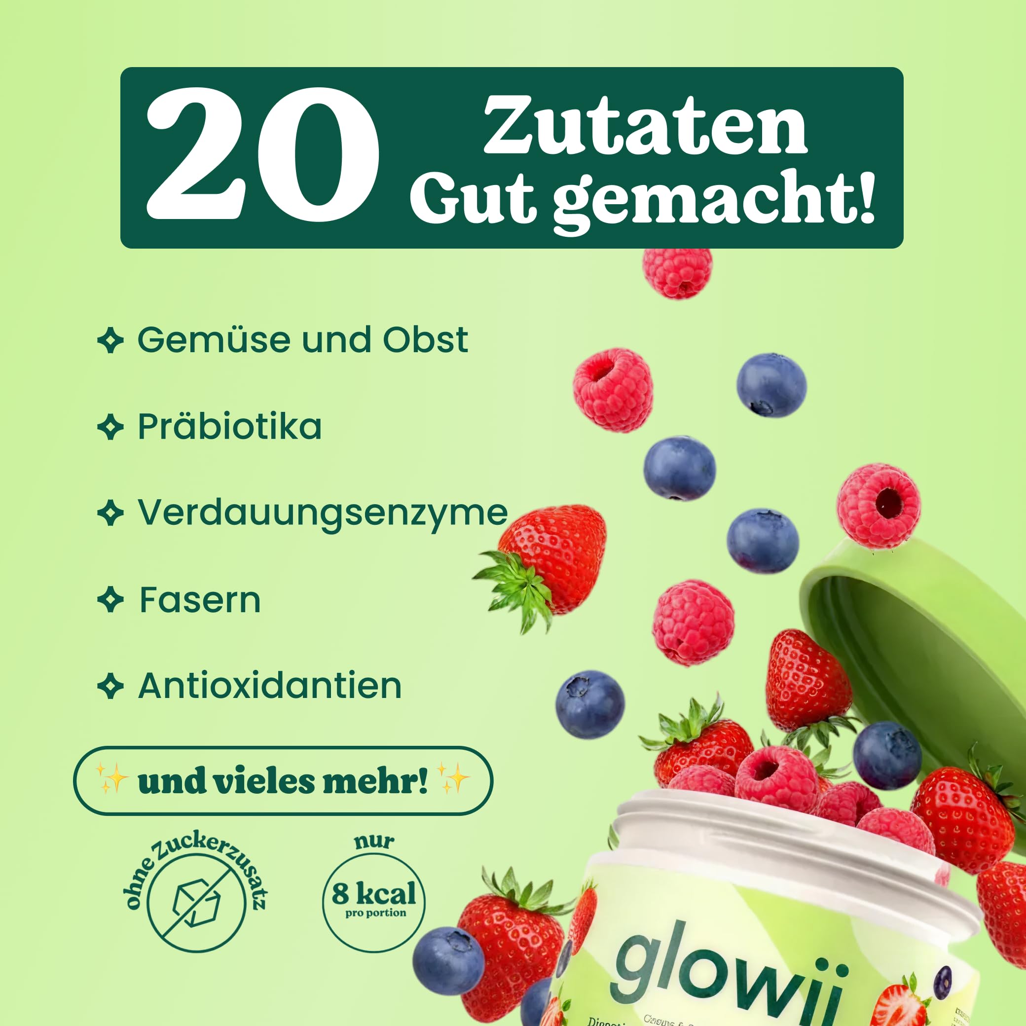 Green Elixir Greens Pulver - 30 Portionen - Spirulina, Chlorella, Moringa, Ashwagandha - mit Präbiotika, Ballaststoffen & Antioxidantien - Beeren Geschmack - Glowi