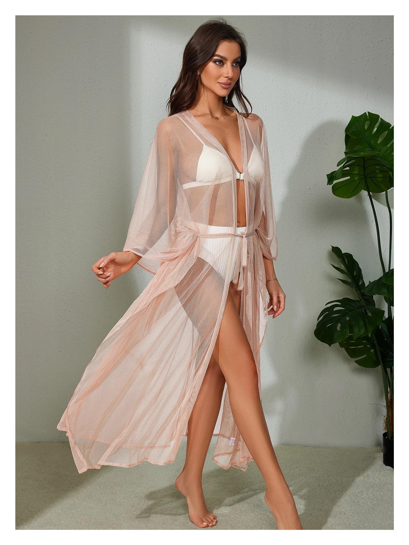 Robe De Plage Femme Cape de Plage Unie avec Ceinture for Femme, vêtements de Plage for Les Vacances d'été(Pink Beach Cover up)