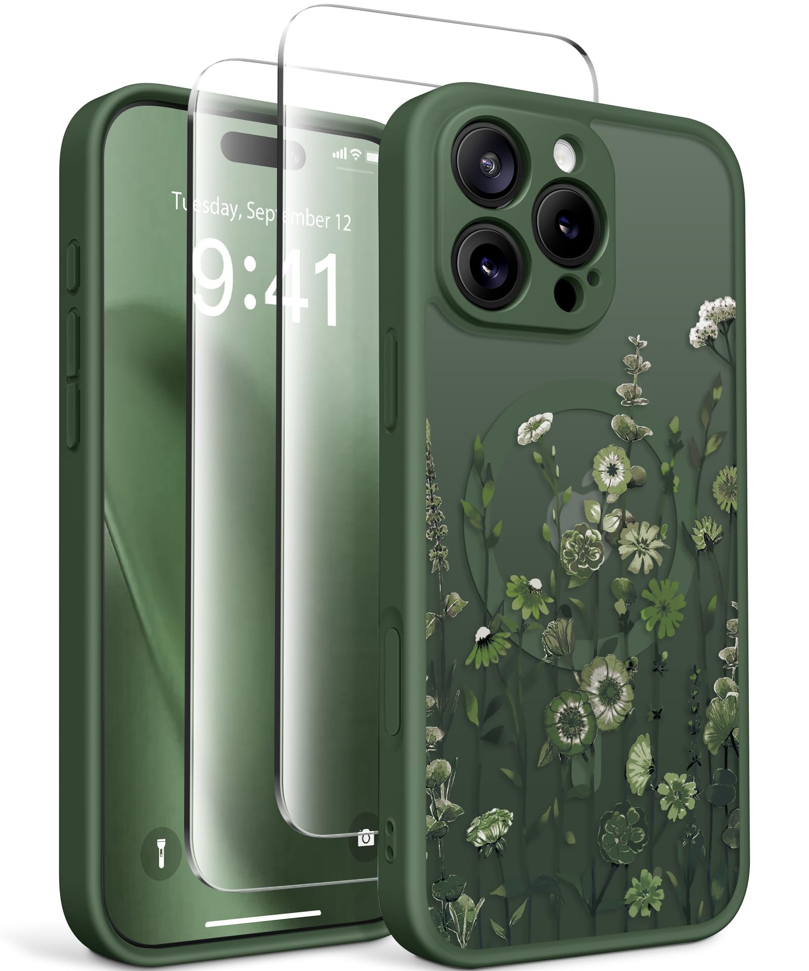 GVIEWIN for iPhone 16 Pro Case Compatible with MagSafe, [Military Grade Protection] [2X Screen Protector] Full Camera Protection Floral Translucent Women Magnetic Phone Case, Floratopia/Forest Green