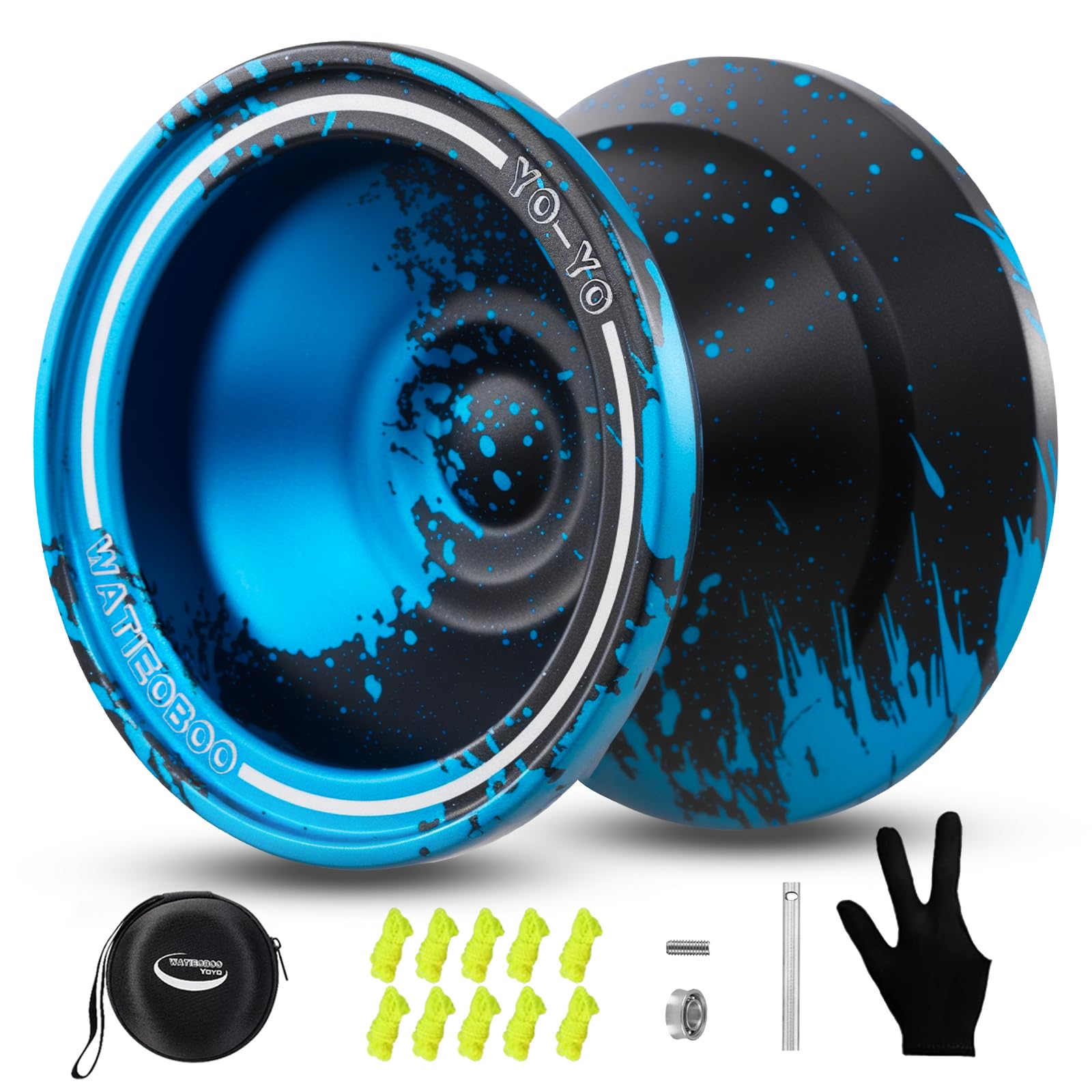 Yoyo de metal WATIEOBOO 7 mejorado – Yoyo de truco de doble propósito sensible/no sensible, adecuado para principiantes a jugadores avanzados, (negro/azul) incluye cuerda de repuesto y bolsa de yoyo.