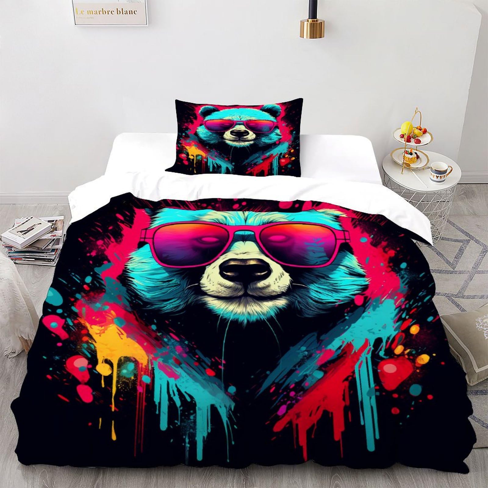 Parure de couette panda en microfbre 135x200 avec 2 taies d'oreiller pour lit single