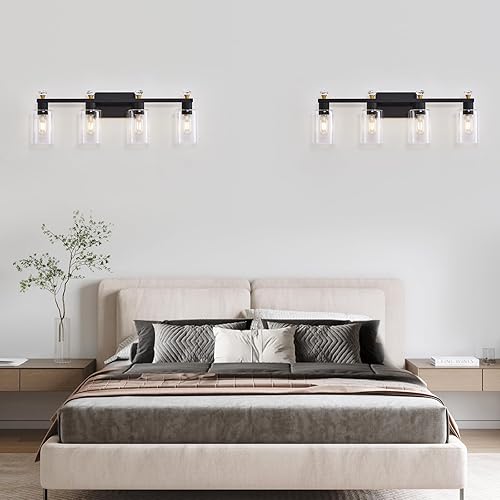 Miniatura 7 de Lámpara de tocador de baño, 4 lámparas, lámpara de tocador moderna negra, apliques de pared con pantalla de vidrio transparente para espejo de baño,