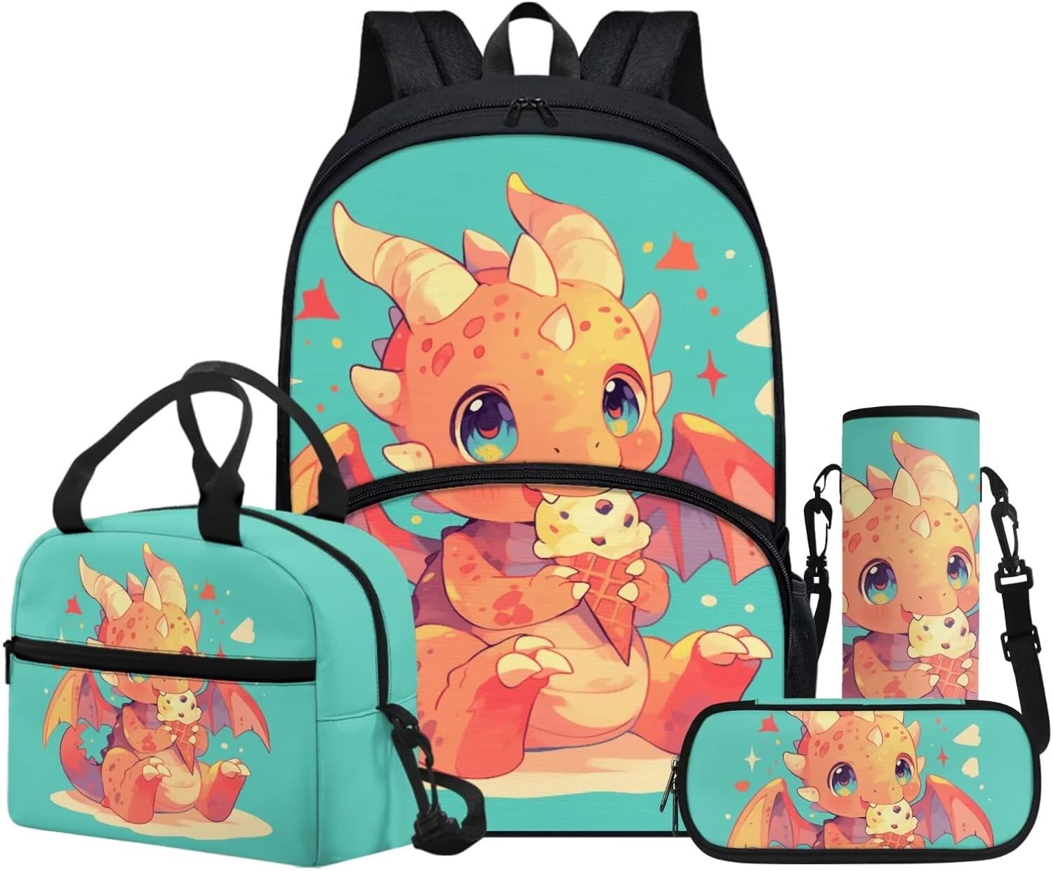 Cartoon Animal Theme Purse, Kids Dragon Print Backpack for Girls Middle School Book Bag with Lunch Box for Boys 8-10 Elementary Pencil Case Water Bottle Sleeve Lunch Tote Sling Bag